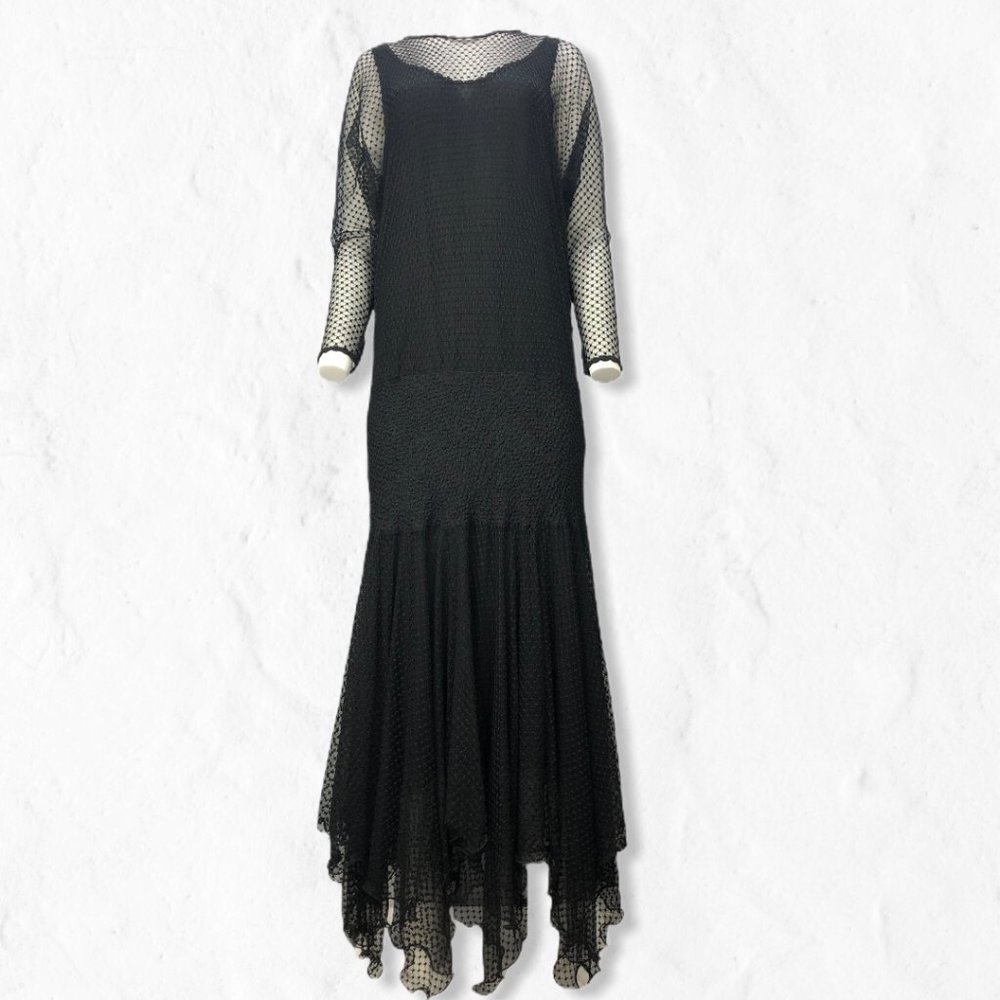 Vintage Black 2 Piece Sara Mique French Dot Long Sleeve Mesh Maxi Dress